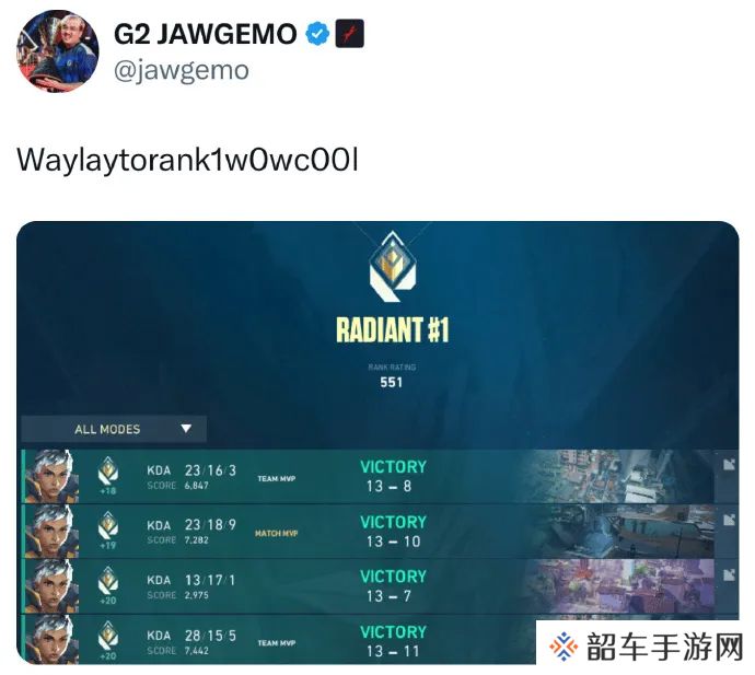 强势登顶！G2选手Jawgemo使用幻棱打上美服rank第一